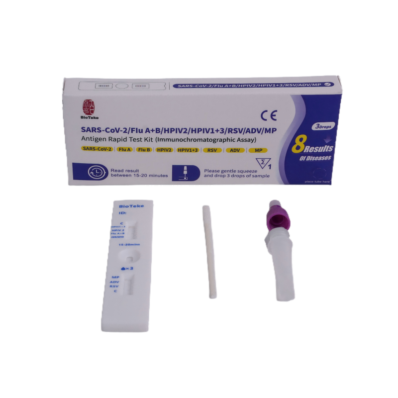 8 az 1-ben SARS-COV-2/influenza A+B/HPIV2/HPIV1+3/RSV/ADV/MP Antigen Rapid Test Kit